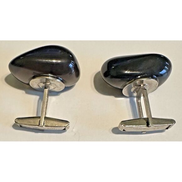 Vintage Large Black Agate  Cuff Links Pat Pend - Picture 2 of 3